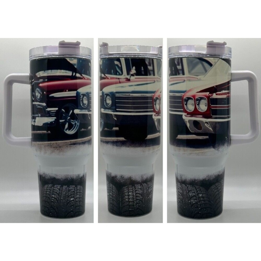 "Vintage Cars" NEW 40 oz. Stainless Steel Tumbler w/Handle & Straw